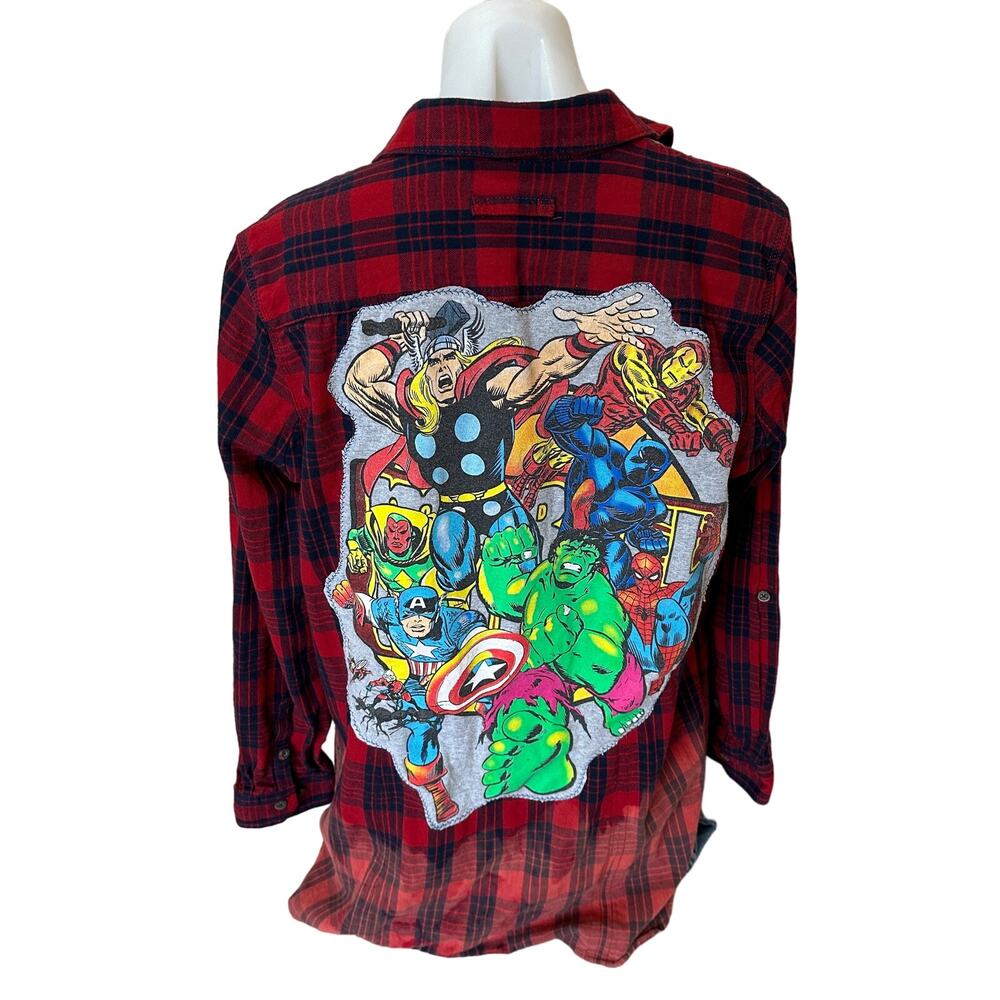 Avengers Plaid Flannel Shirt LARGE Oversize Upcycled Unique DC Comics Grunge